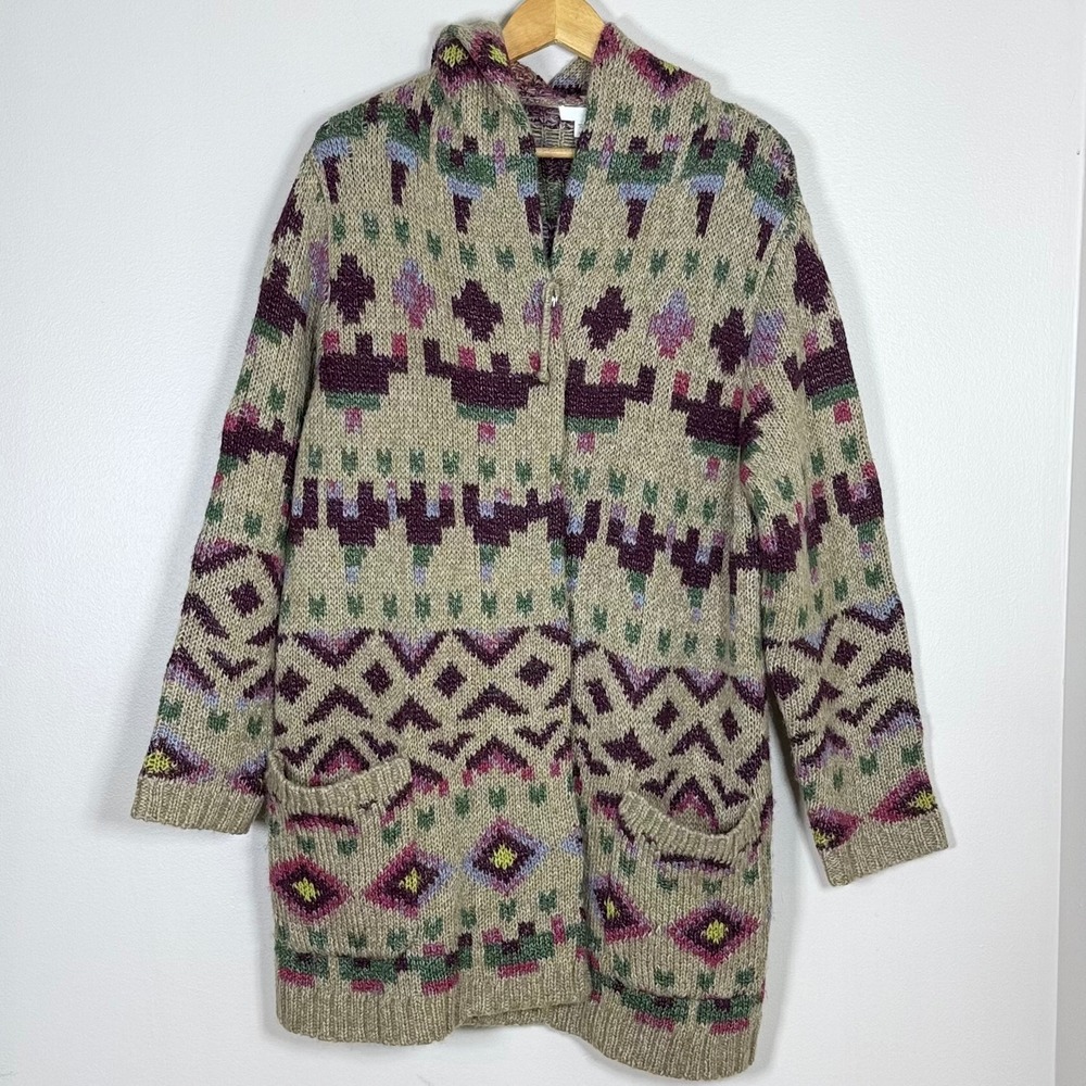 J.Jill Womens Wool Blend Hooded Cardigan L Petite Tan Aztec Southwestern Duster